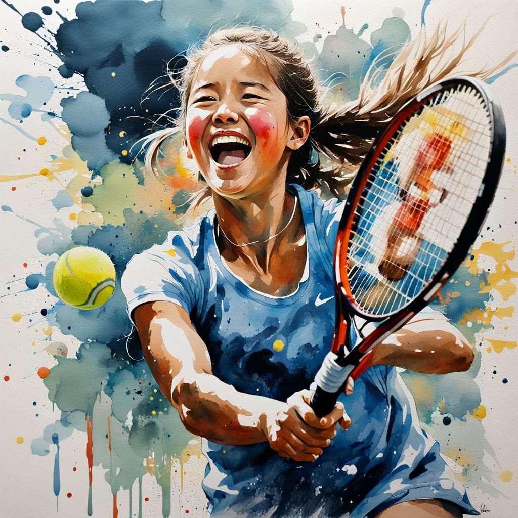 Joyful Girl Playing Tennis in Watercolor Style