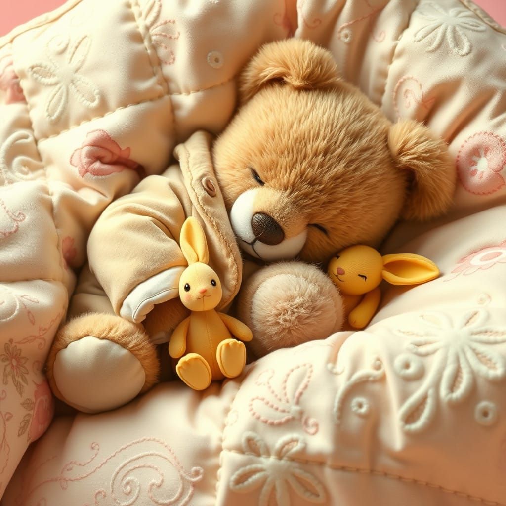 Surreal, Dreamy Scene of a Sleeping Teddy Bear in a Cozy Qui...