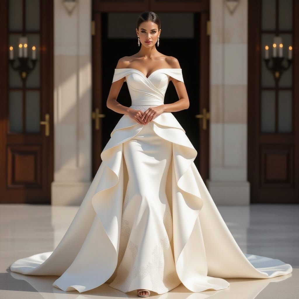 Futuristic Wedding Dress: Strapless Satin Gown with Appliqué...