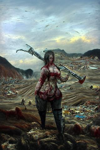 Woman with Sword in Desolate Post-Apocalyptic Landscape