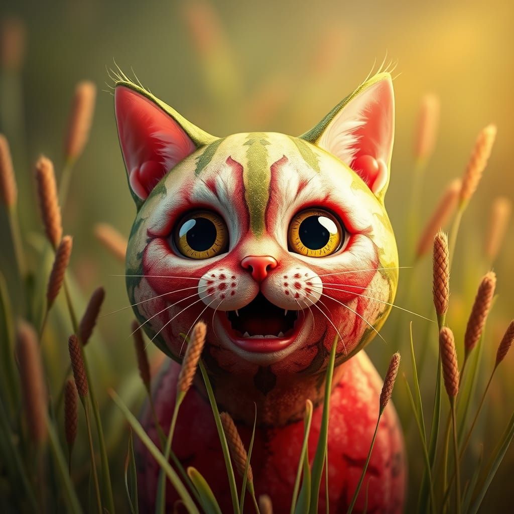 Hyperrealistic Watermelon Cat in Tall Grass