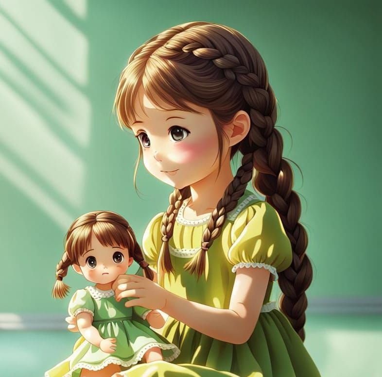 In realistic, calm and bright colors: "Smiling little girl, ...