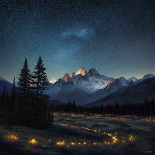 Steampunk Engine Amidst Starry Mountain Night