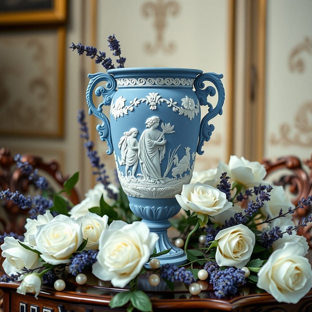 Intricately crafted, 18th-century inspired, bluewhite Wedgewood Jasperware vase
