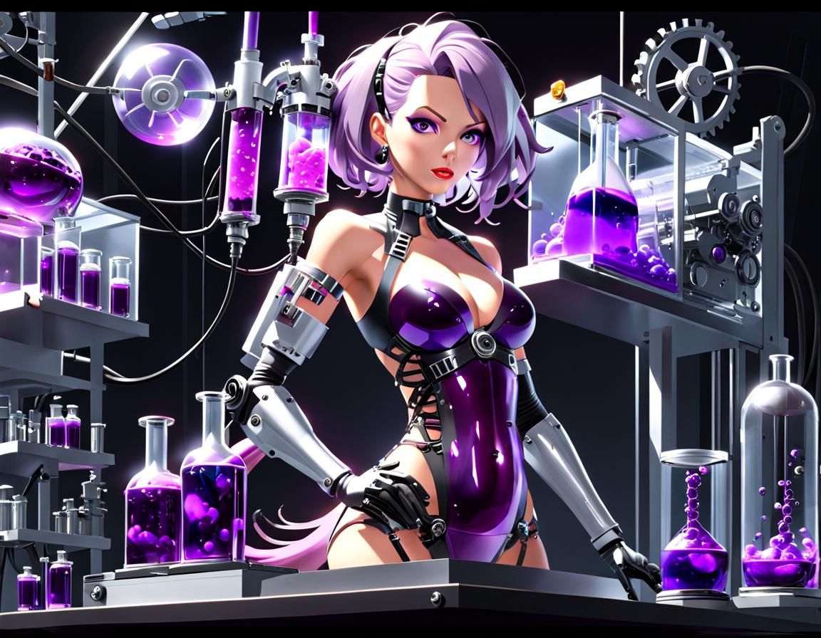 Cyberpunk Mad Scientist with Robotic Arm and Glass Stomach