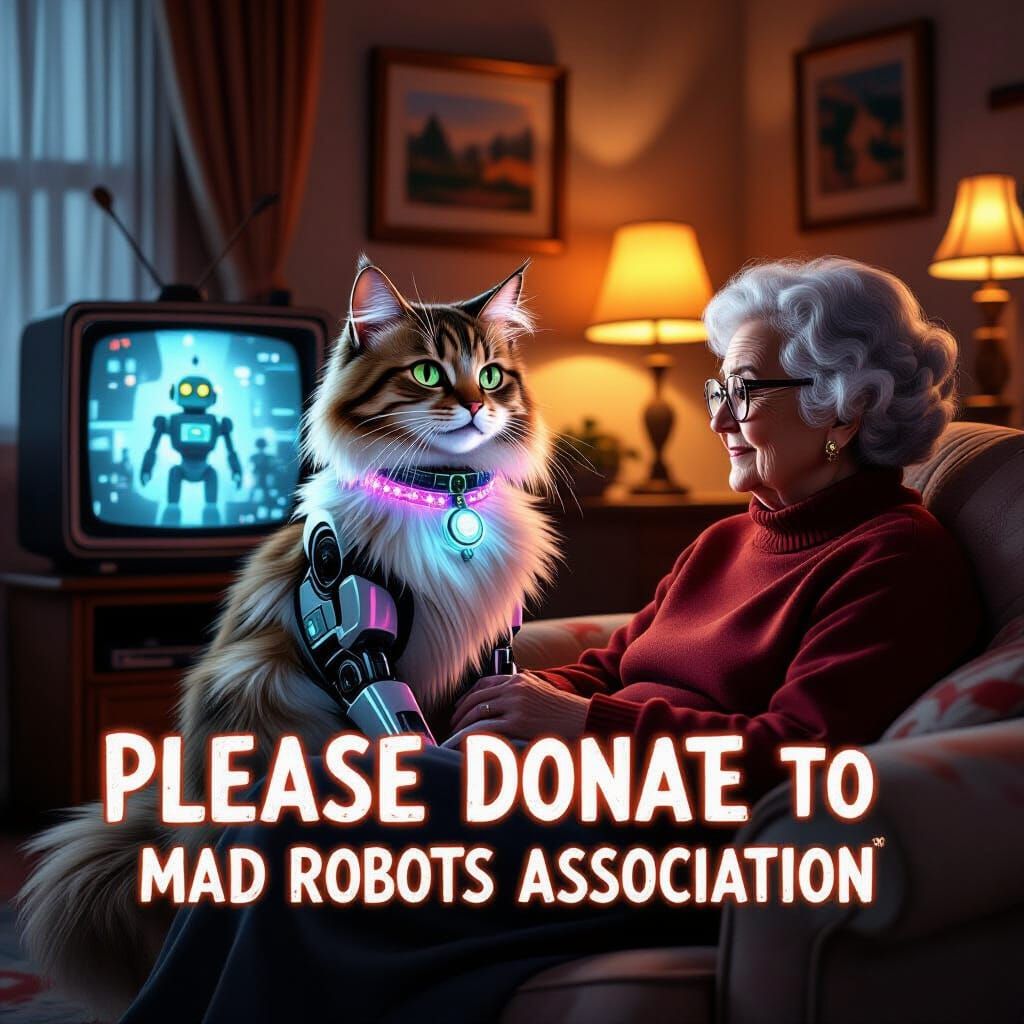 Robot Cat and Elderly Lady Watching TV in Digital Art Style