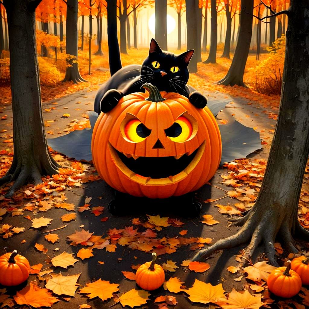 Whimsical Autumn Scene With Carved Pumpkin and Black Cat