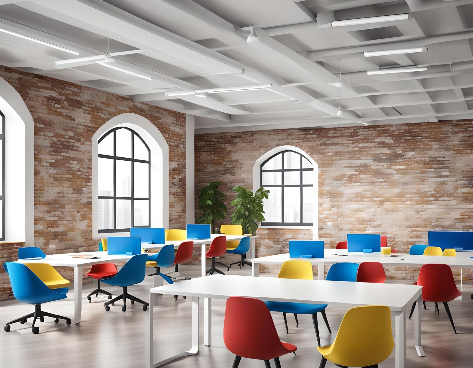 Modern White and Wood Office Interior 3D Rendering