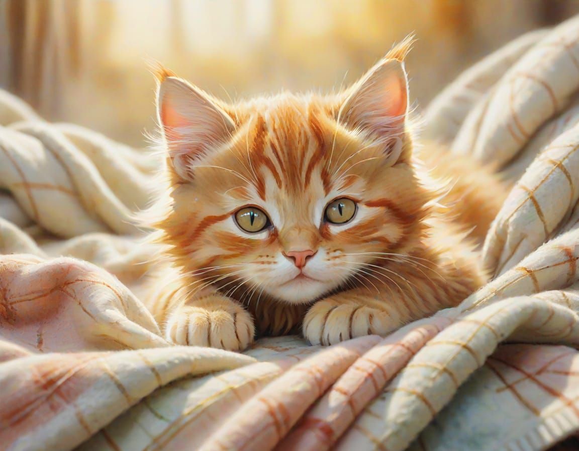 Whimsical Watercolor Ginger Kitten in a Cozy Dream