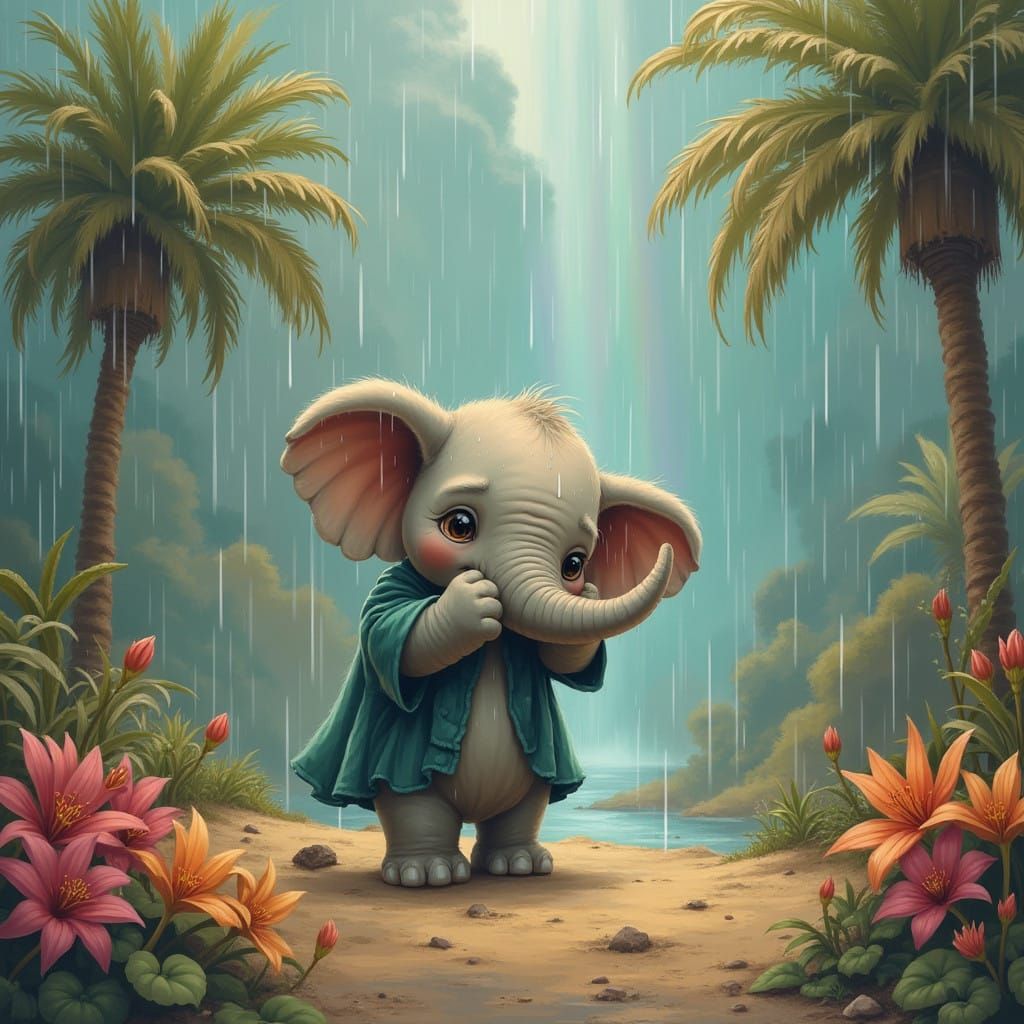 Little Elephant Seeks Shelter in Vibrant Sahara Oasis