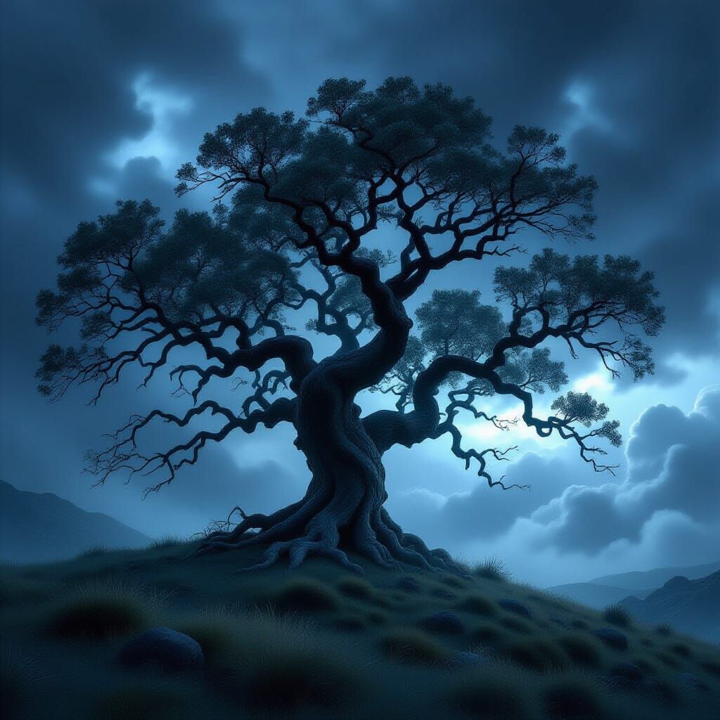 Ancient Oak on Stormy Hill in Dark Fantasy Style