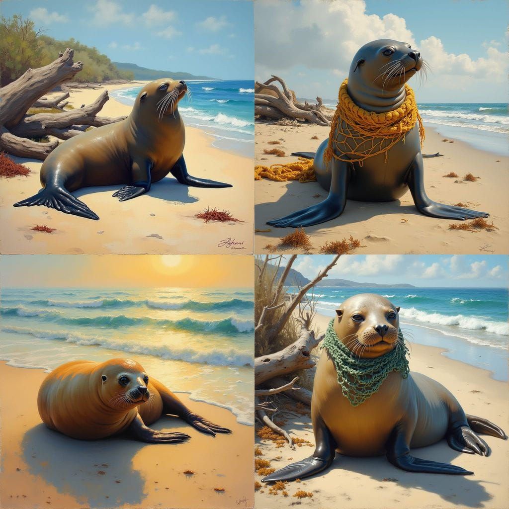 Sea Lion on Beach as Oil Painting