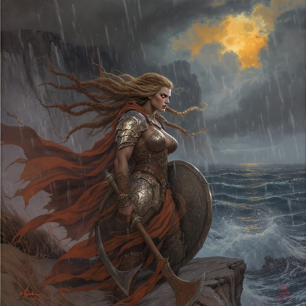 Viking Shieldmaiden Against Stormy Sea, Hyperrealistic Style