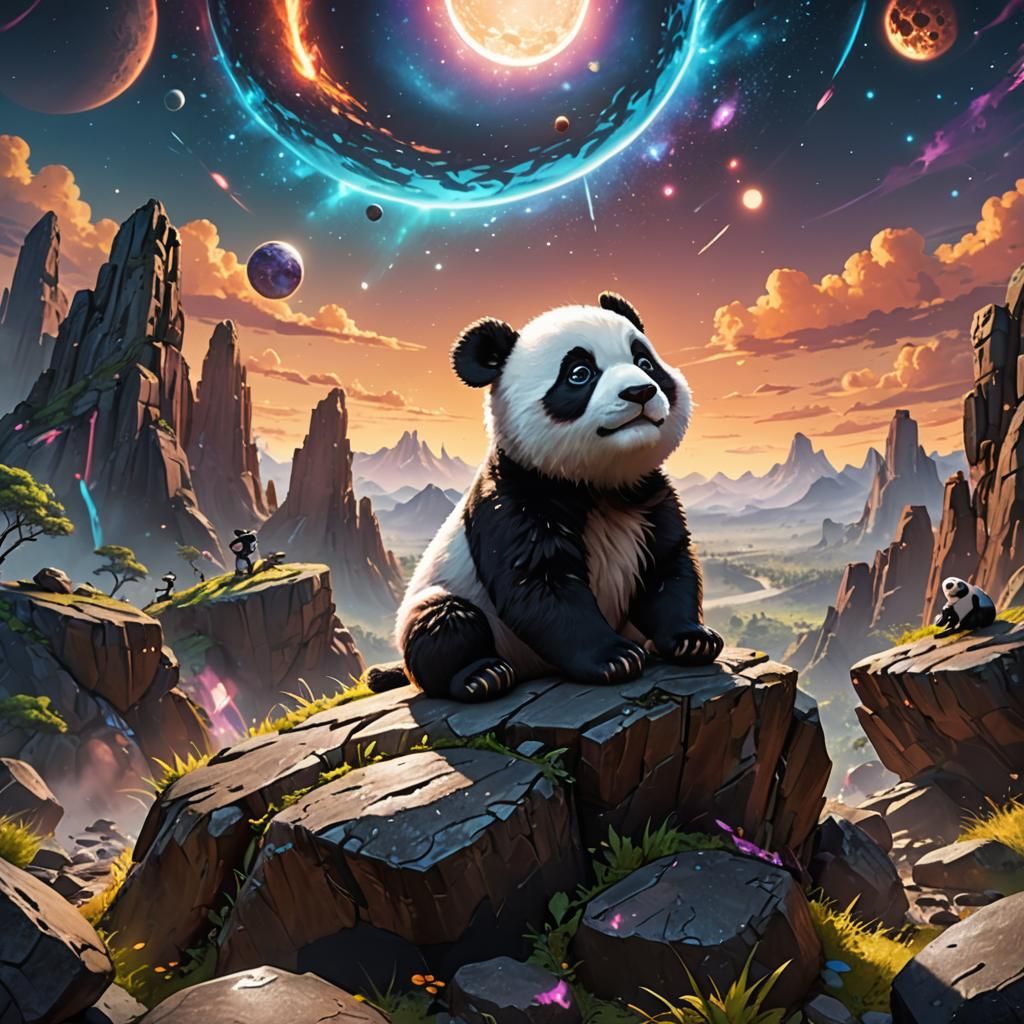 Panda-Rabbit Hybrid Gazing at Black Hole, 3D Art
