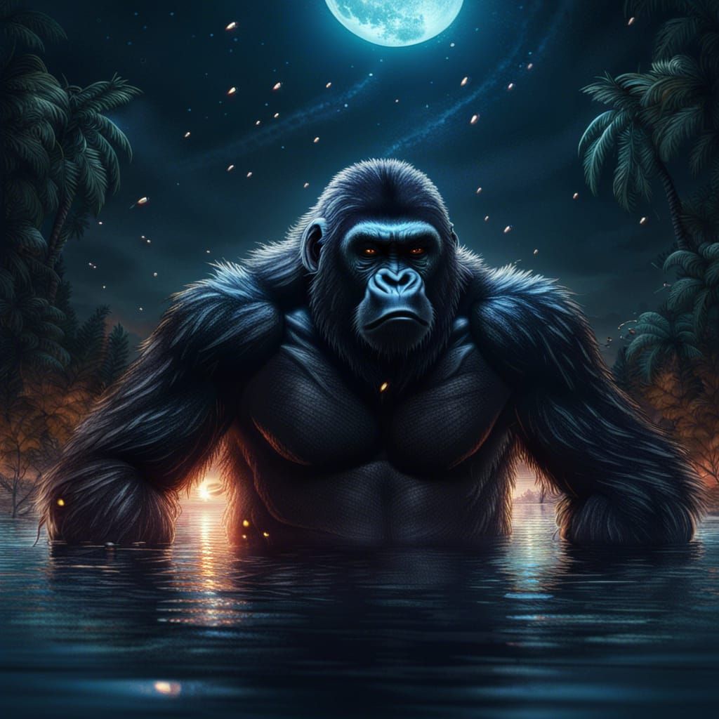 Furious Gorilla in Moonlit Lake: Matte Painting