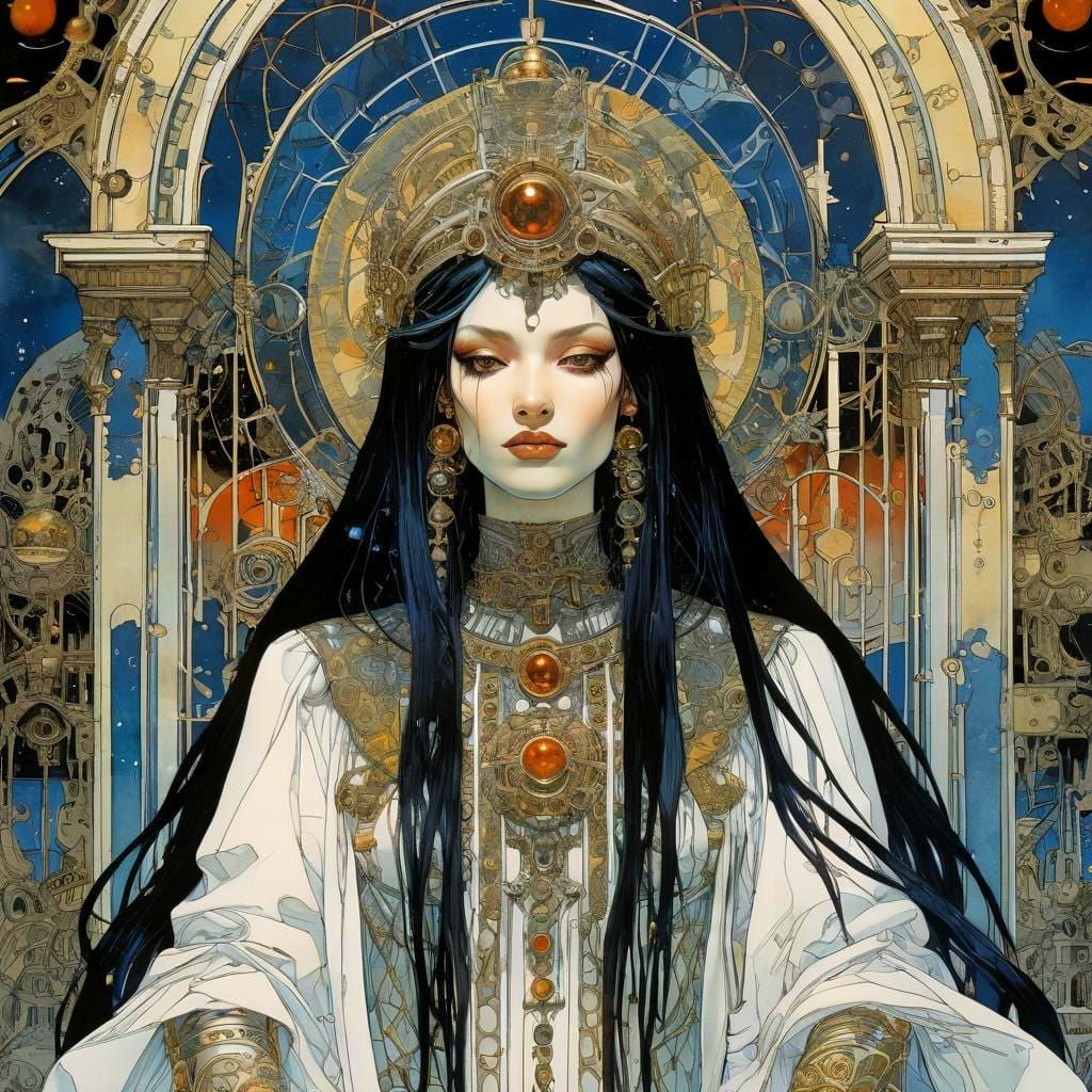 Gothic Priestess in Futuristic Celestial Setting as Digital....