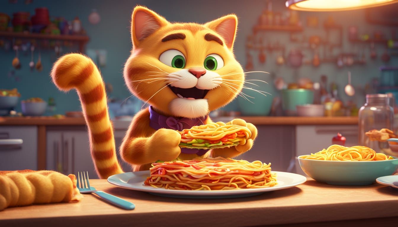Garfield Eating Lasagna: 3D Digital Art