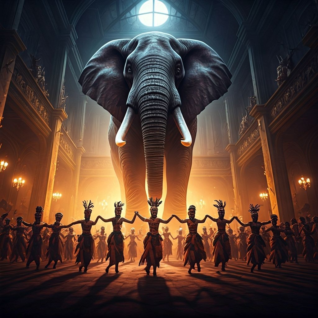 Spectral Elephant Over African Dancers at 1930s Ball