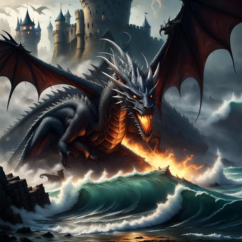 Surreal Dragon Over Gothic Castle, Dark Fantasy Art