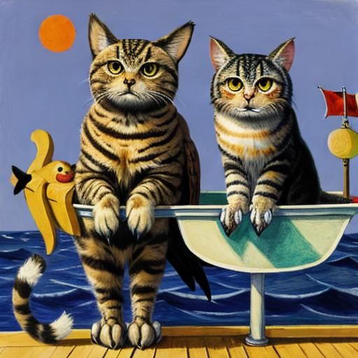 Tabby Cat and Owl at Sea: Surreal Art