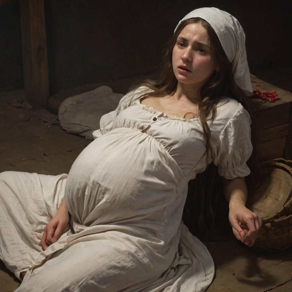 Distressed Pregnant Peasant Woman in Agony