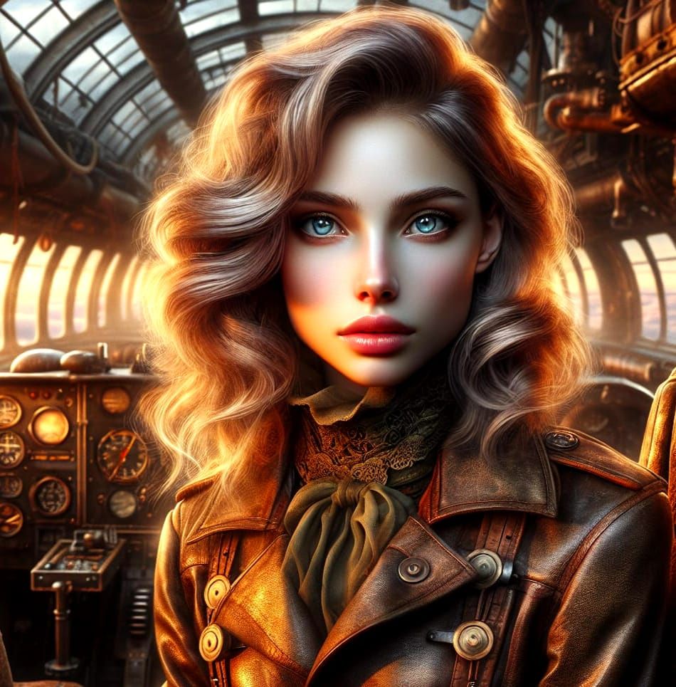 Steampunk Aviator Girl Portrait in Fantasy Airplane