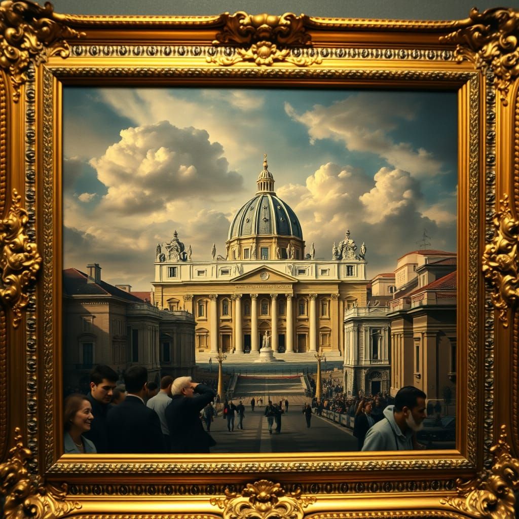 Historic antique painting of the Vatican in a beautiful gold...