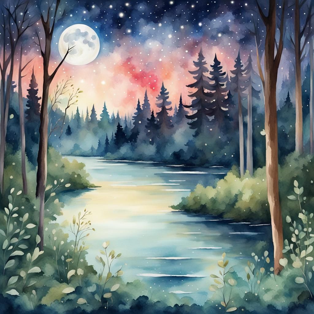 Watercolor Forest at Dawn in Vintage Style