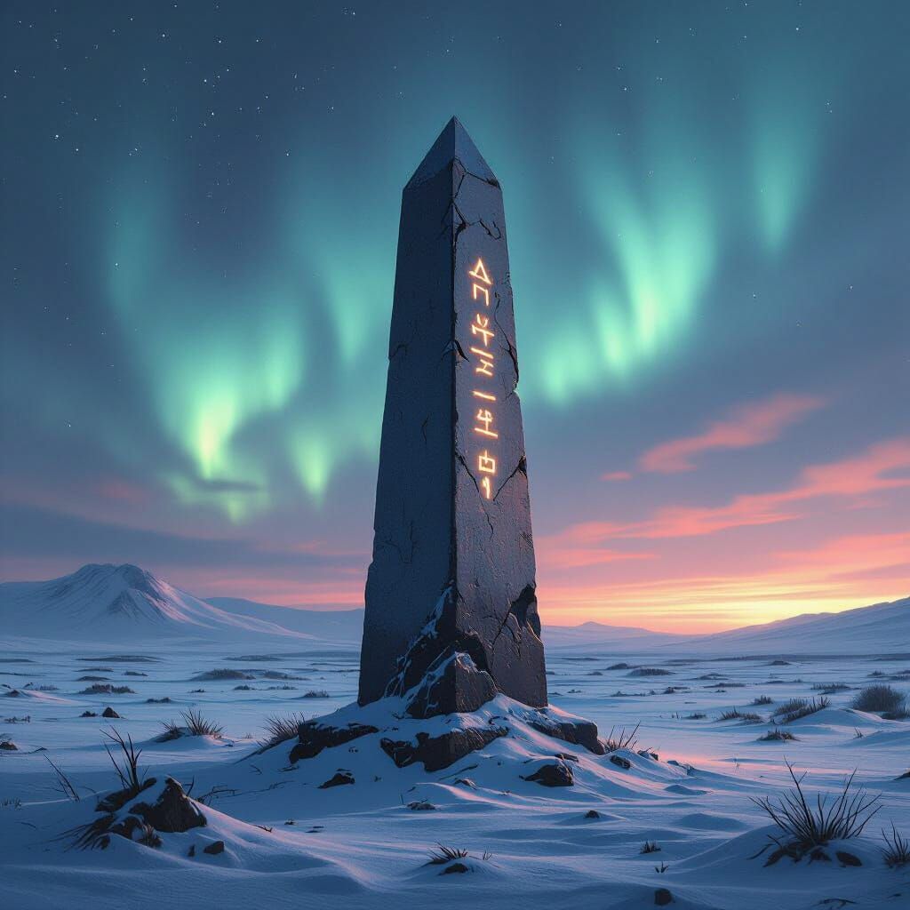 Obelisk in Desolate Tundra with Glowing Auroras