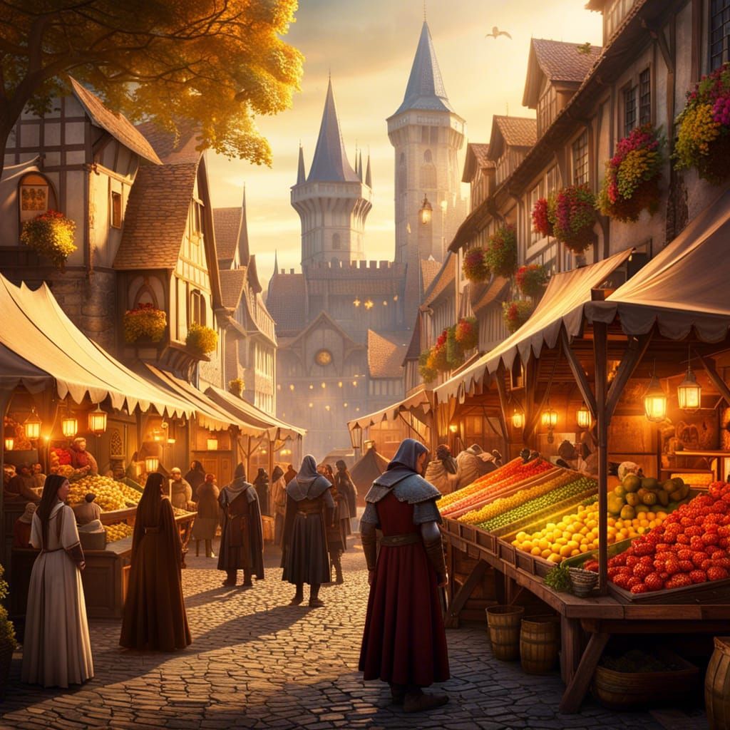 Magical Medieval Market in Golden Light