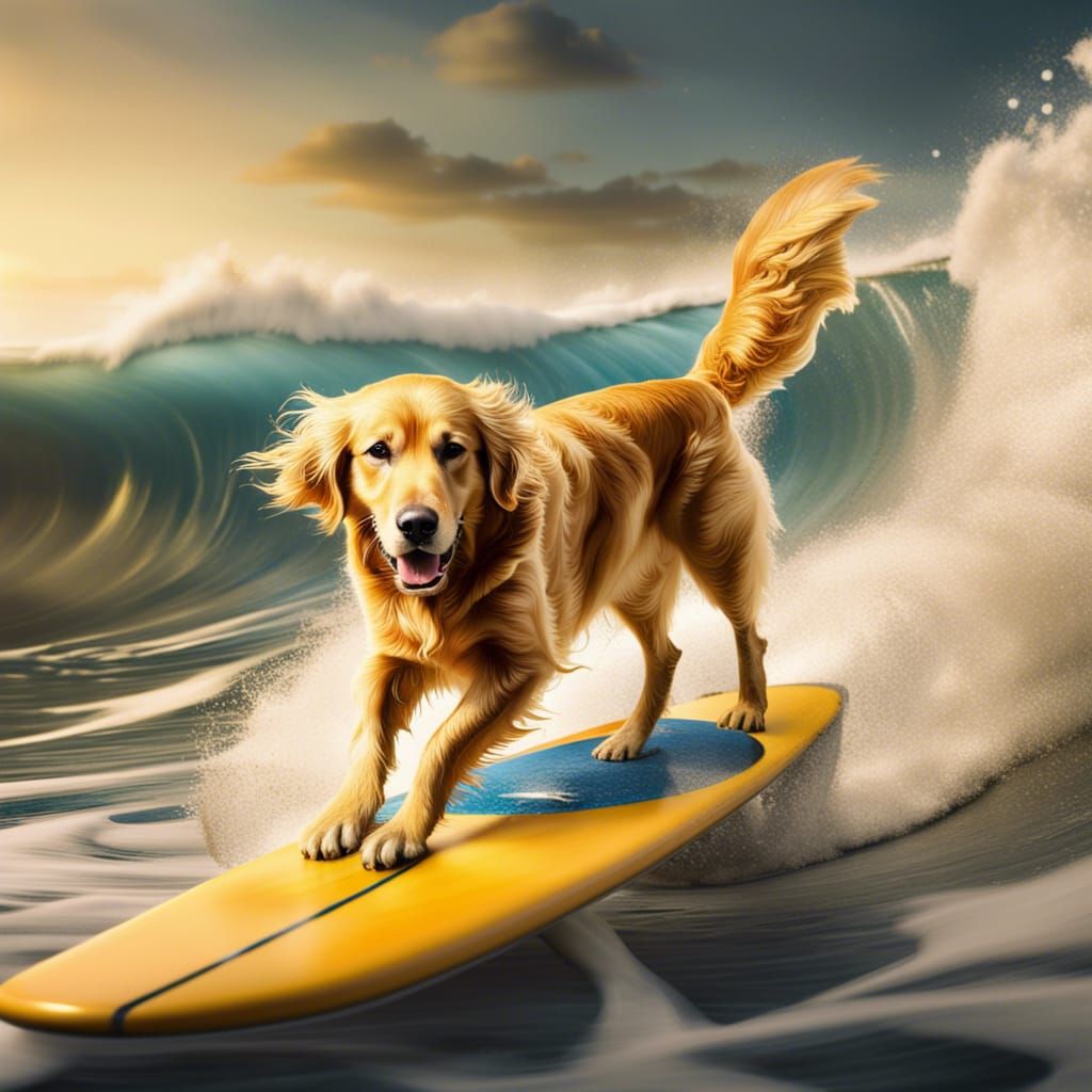 Golden Retriever Surfing: Hyperrealistic Digital Art