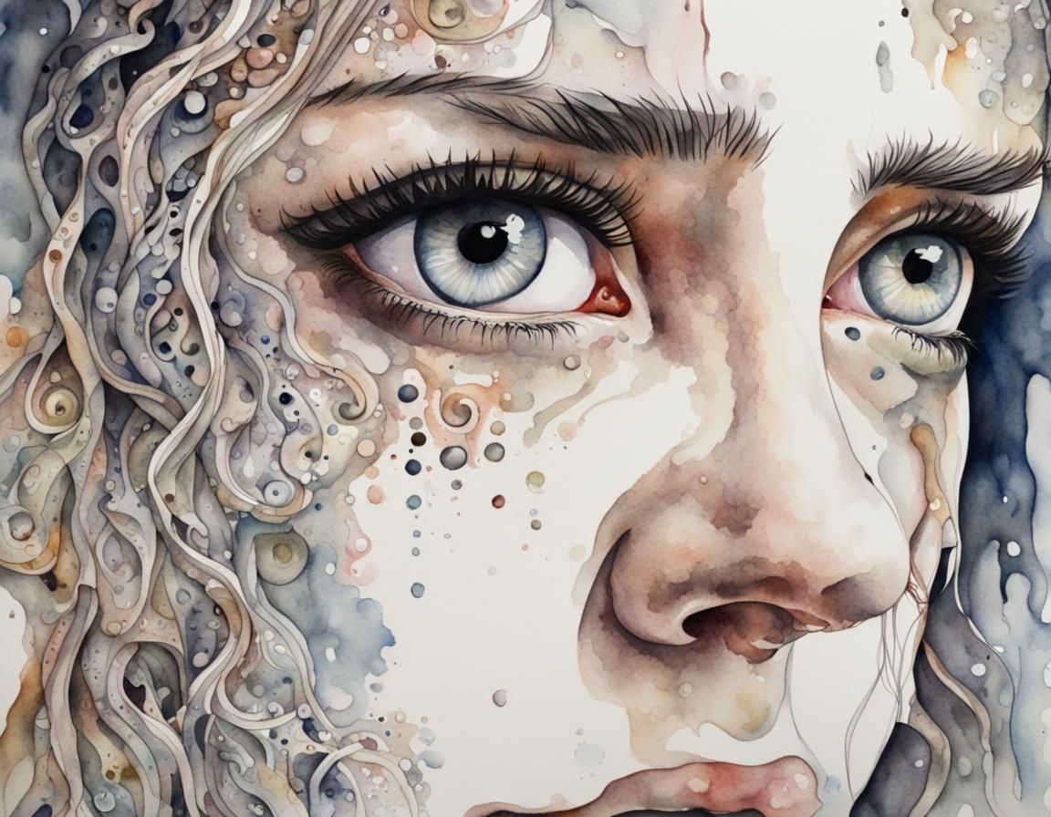 Sad Crying Eyes in Abstract Watercolor
