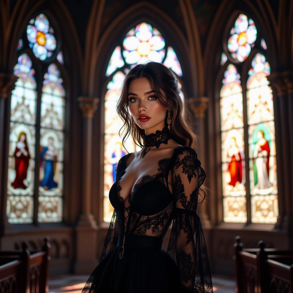 Sensual Devil Woman in Gothic Cathedral, Hyperrealistic Styl...