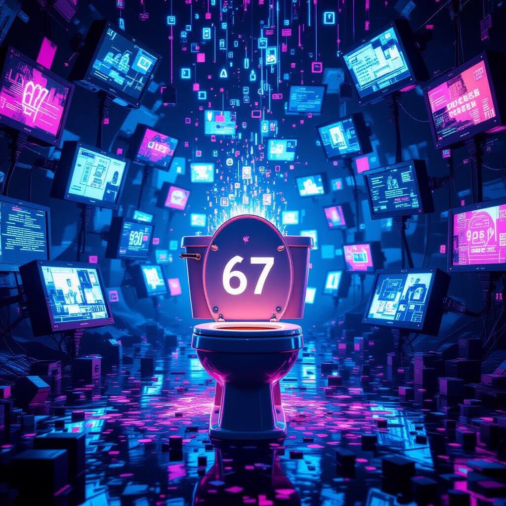 Surreal Digital Landscape with Glowing Screens and Distorted...