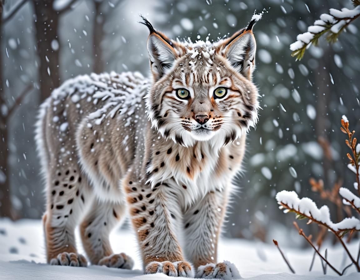 Fluffy Lynx Cub in Snowstorm: Photorealistic Wildlife