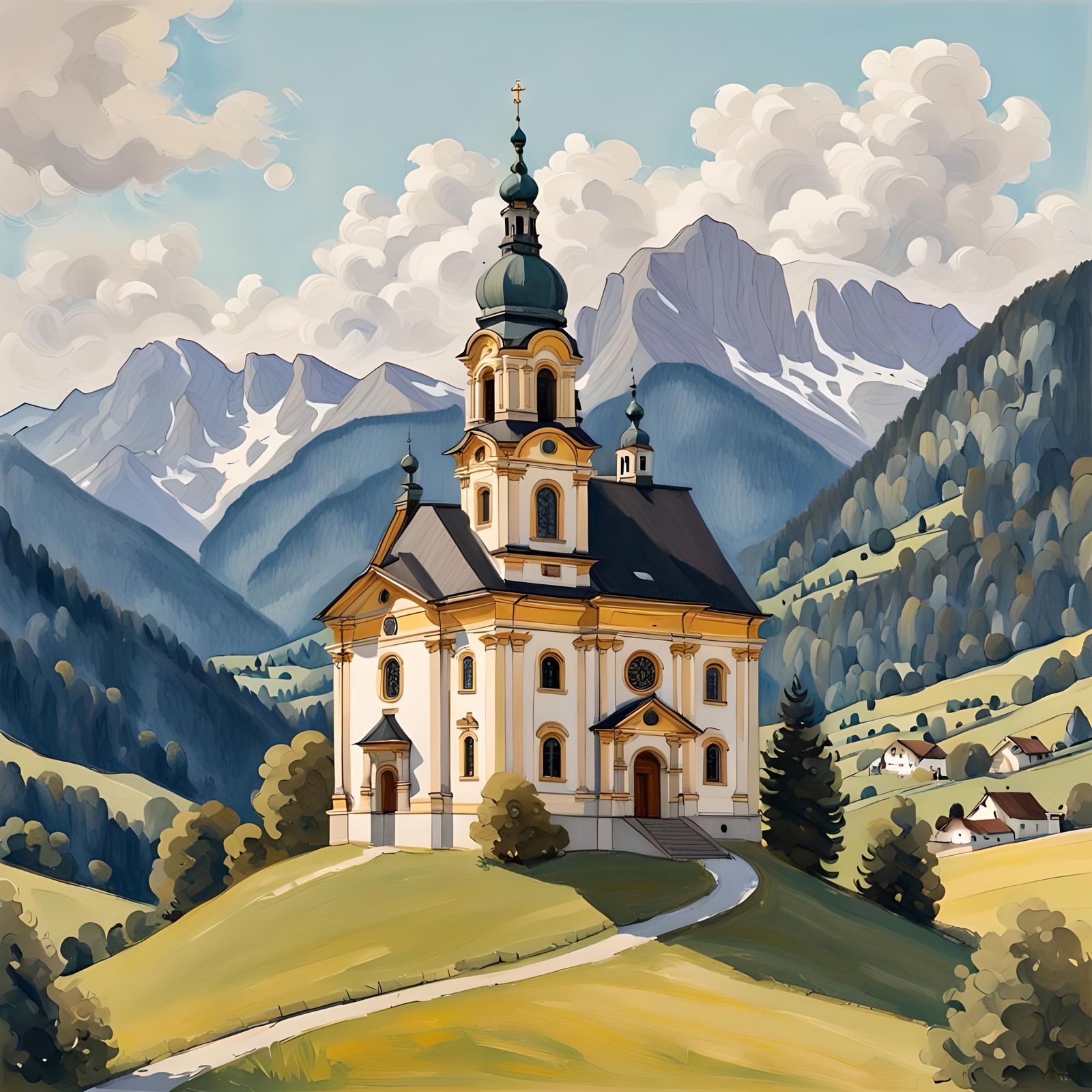 Baroque Church in Alpine Fields, Klimt-Inspired Gouache