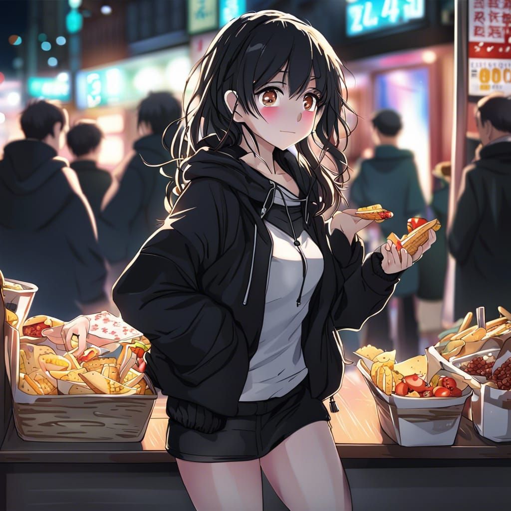 Girl in Anime Style on Crowded Night Street