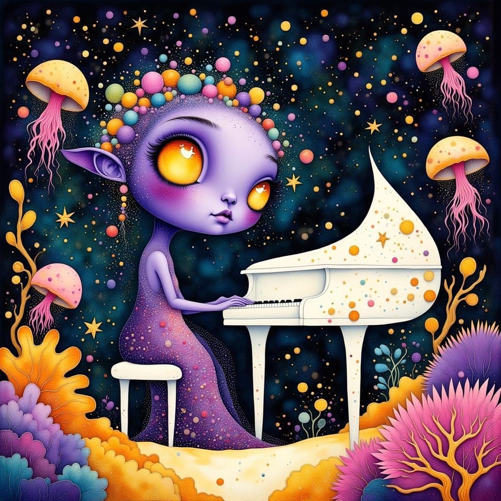 Whimsical Bioluminescent Octopus Plays Piano, Tim Burton Sty...