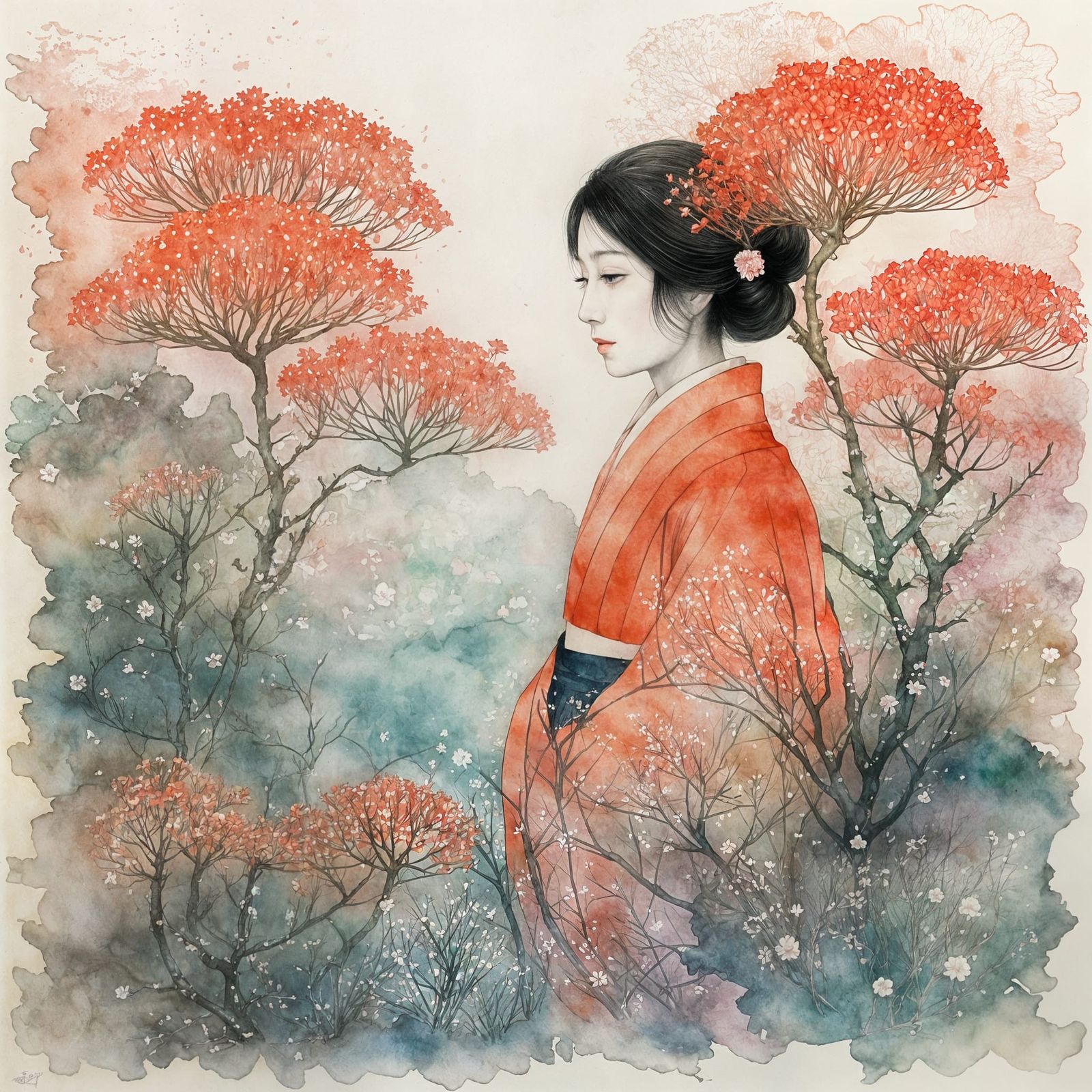 Japanese Lady Surrounded by Vibrant Coral Blooms in Soft Wat...