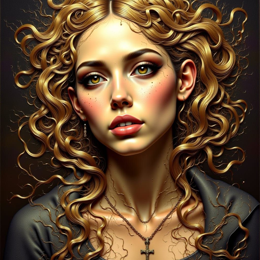 Beautiful Woman's Face with Gold Cross Necklace in Rembrandt...