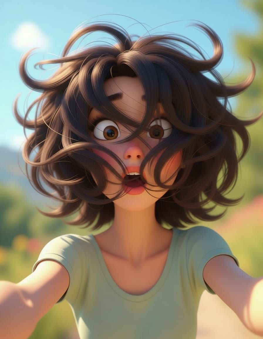 Woman Taking Selfie in Wild Wind, Pixar-Style Humor