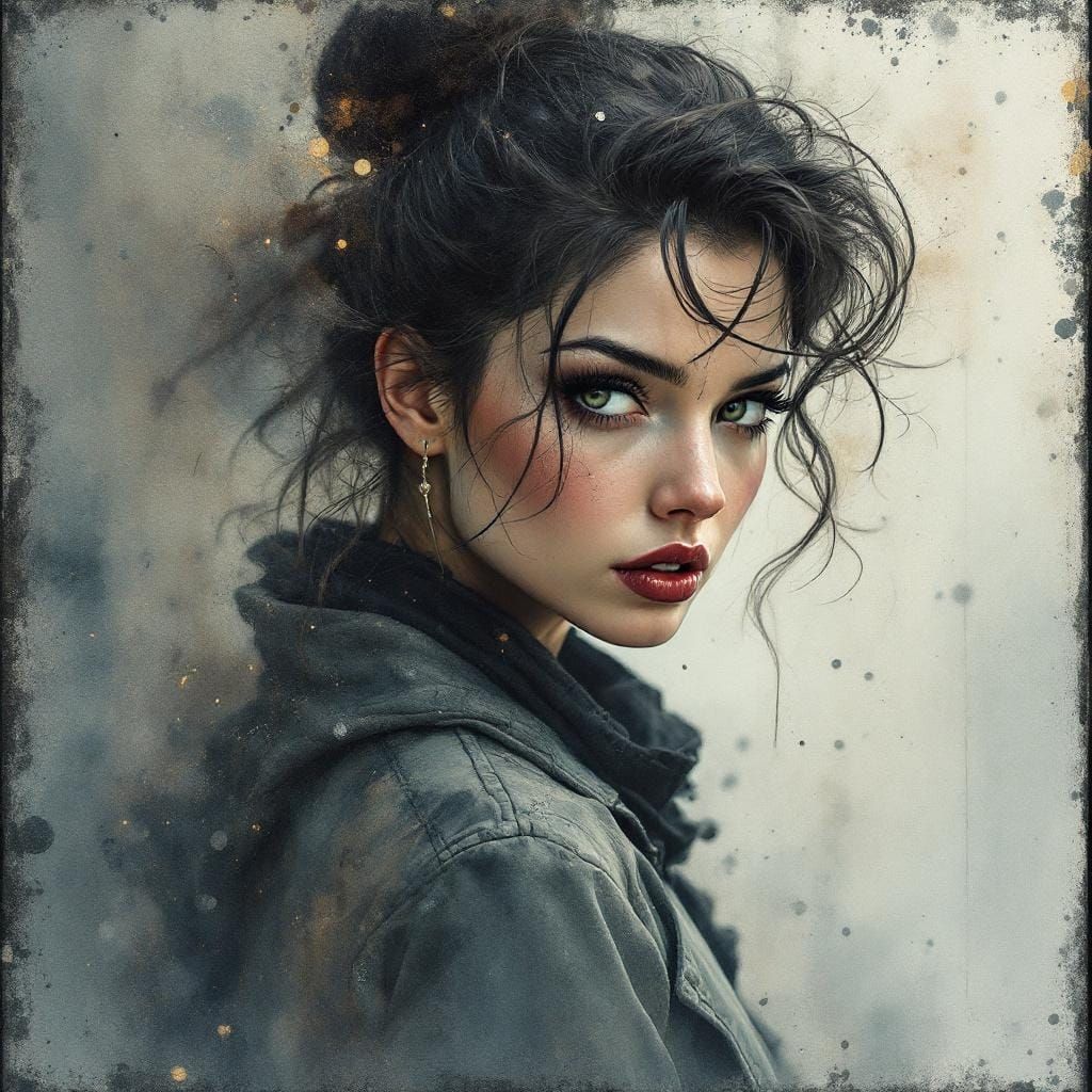 Pin Up Girl in Garage, Watercolor Surrealism