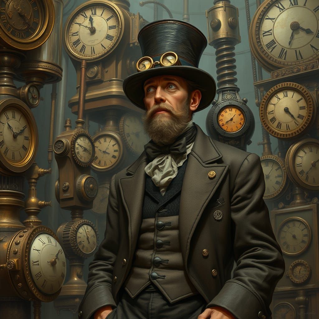 Bewildered Man with Steampunk Clockwork Machines