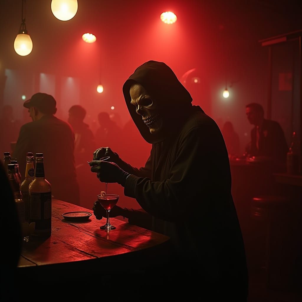 Grim Reaper Bartender in Smoky Jazz Club