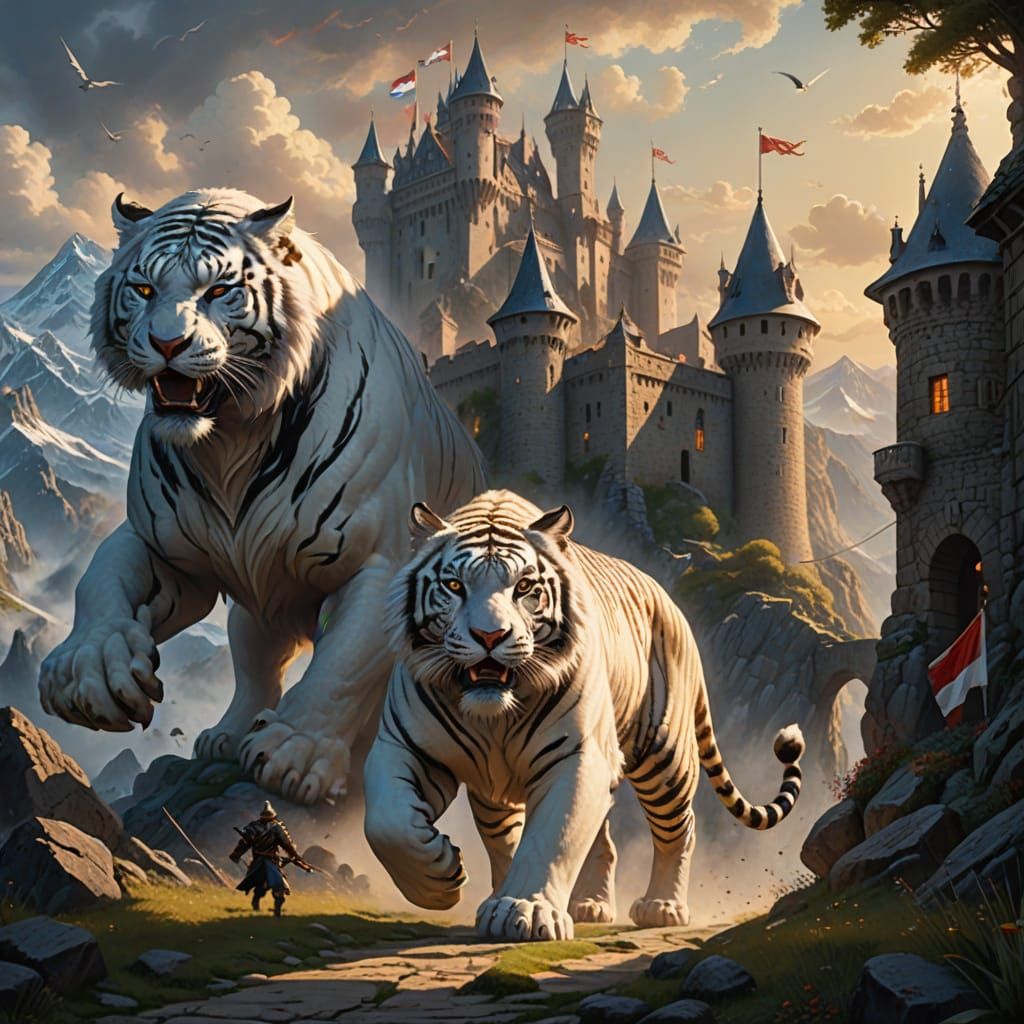 Cowardly Minotaur Chases Tiger Towards Ancient Castle