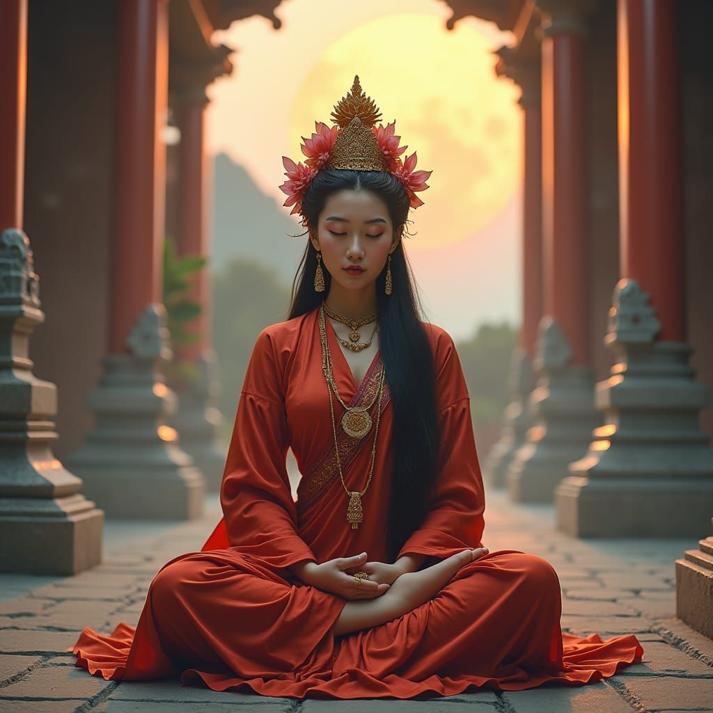 Red Tara Meditating in Mountain Monastery: Digital Art