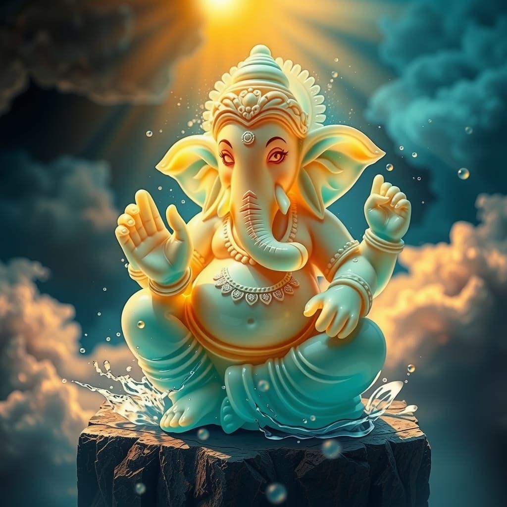 Jade Ganesha Sculpture with Water Droplets