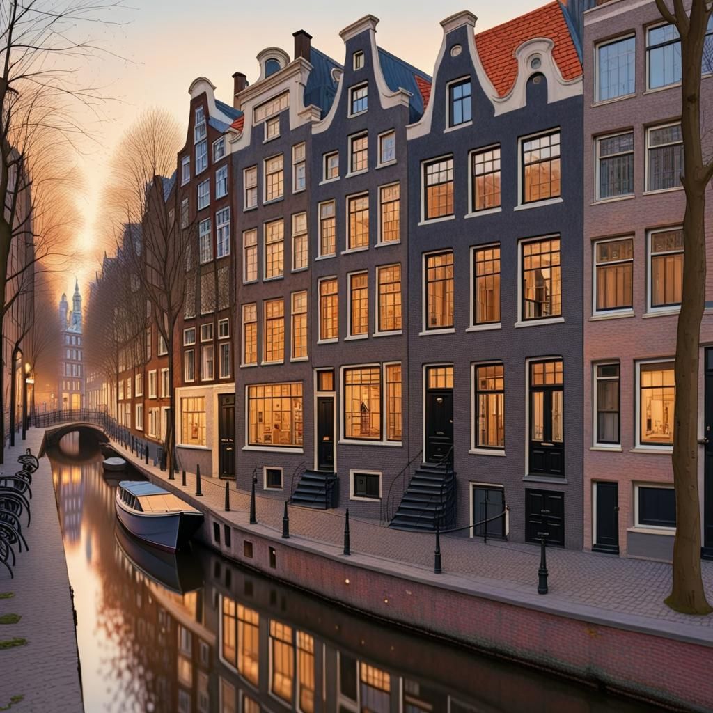 Amsterdam Canal House Gouache Painting in Klimt Style