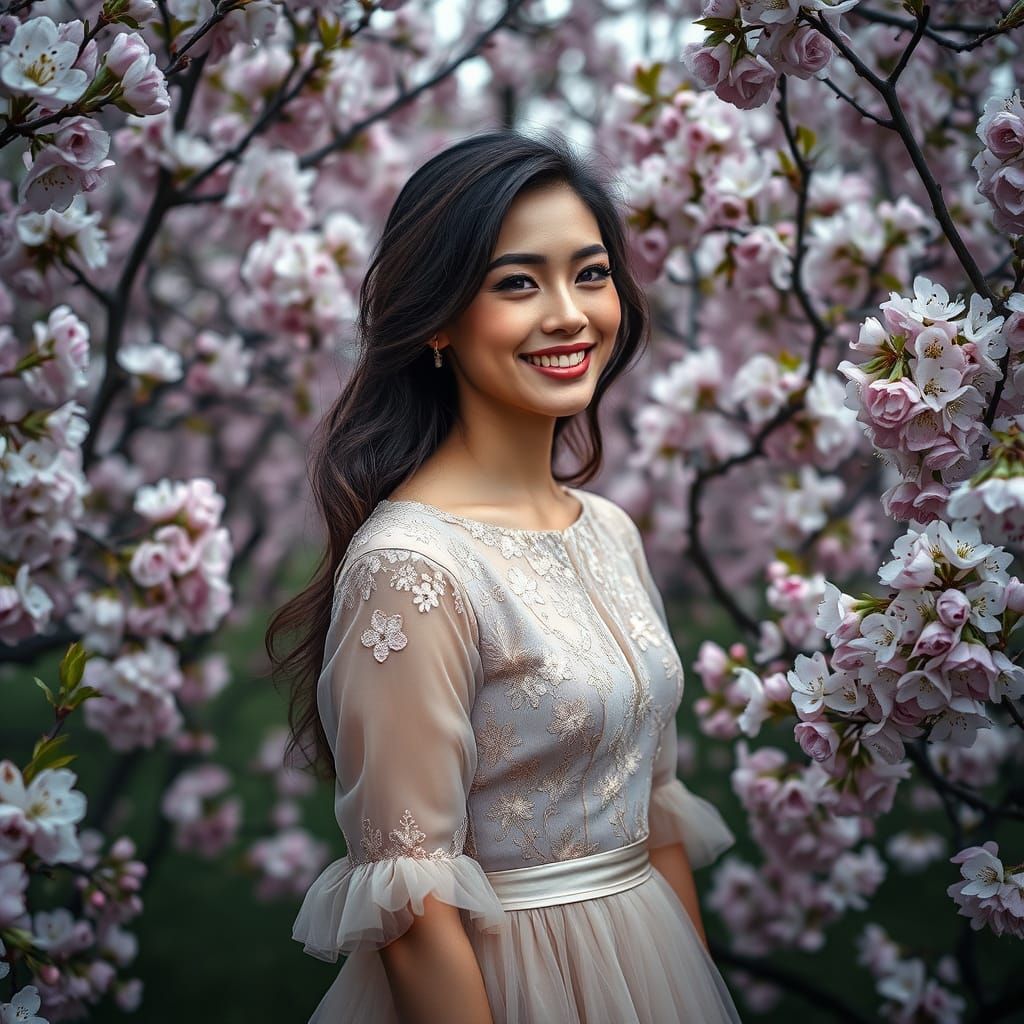 Elegant Lady Amidst Vibrant Apple Blossoms in Cinematic HDR