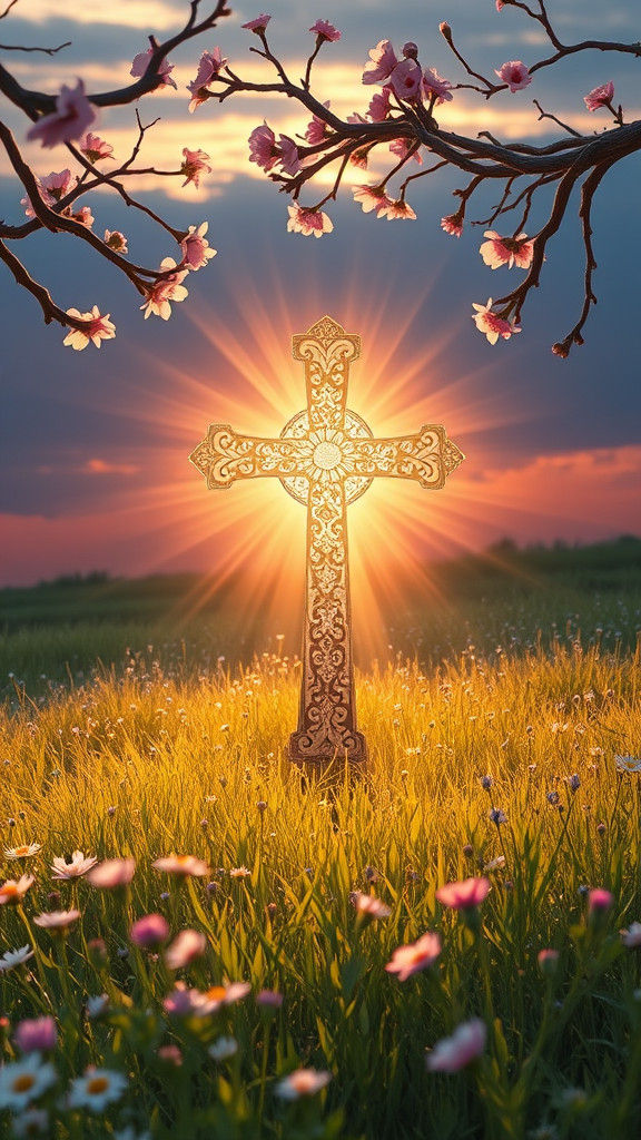 Radiant Cross in a Sunset Flower Field